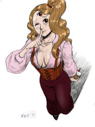 Rule 34 | 1girl, breasts, brown eyes, brown hair, charlotte pudding, cherry, cleavage, corset, cupcake, extra eyes, female focus, food, fruit, full body, monster girl, one eye closed, one piece, pink shirt, pirate, ponytail, shirt, simple background, solo, standing, suspenders, third eye, wink