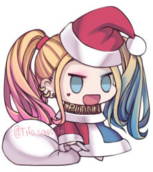 Rule 34 | 1girl, :d, aqua eyes, blonde hair, chibi, christmas, coat, commentary, dc comics, eyeshadow, facial mark, hair tie, harley quinn, hat, holding, holding sack, long hair, long sleeves, lowres, makeup, meme, open mouth, padoru (meme), red hat, sack, santa hat, simple background, smile, solo, standing, suicide squad, tifa amakura, twintails, twitter username, white background