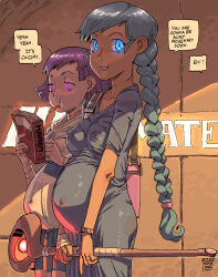 Rule 34 | 2022, 2girls, ac120, amaryllis (high guardian spice), bag, bandaged hand, blue dress, blue eyes, blue hair, book, bracelet, braid, braided ponytail, breasts, collarbone, covered erect nipples, covered navel, cowboy shot, dated, dress, english text, feet out of frame, glowing, glowing eyes, hair ornament, hairclip, high guardian spice, highres, holding, holding bag, holding book, holding staff, jewelry, long hair, looking at viewer, medium breasts, multiple girls, outie navel, pregnant, purple eyes, purple hair, ring, short hair, smile, speech bubble, staff, standing, teeth, wedding band