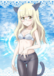 Rule 34 | 1girl, animal ears, black pantyhose, blonde hair, blue background, blush, bra, breasts, cat cutout, cat ears, cat tail, cleavage, clothing cutout, collarbone, glasses, groin, heart, heart cutout, looking at viewer, medium breasts, medium hair, minpei ichigo, navel, ocean, open mouth, panties, panties under pantyhose, pantyhose, perrine h. clostermann, solo, sparkle, sparkle background, star (symbol), star cutout, strike witches, tail, underwear, white bra, white panties, world witches series, yellow eyes