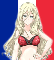 Rule 34 | 1girl, arm at side, bare arms, bare shoulders, black nails, blonde hair, blush, bra, breasts, cleavage, closed mouth, collarbone, flag print, french flag, green eyes, hair between eyes, hand on own hip, kantai collection, lace, lace-trimmed bra, lace trim, lips, long hair, looking at viewer, medium breasts, mikage takashi, multicolored nails, nail polish, red bra, red nails, richelieu (kancolle), smile, solo, underwear, underwear only, upper body, very long hair