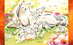 Rule 34 | amaterasu (ookami), rabbit, chibiterasu, dog, flower, minimaru, no humans, odd one out, ookami (game), ookamiden, petals, playing, puppy, wolf, yumigami