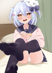 Rule 34 | 1boy, absurdres, bed sheet, black thighhighs, blue bow, blue hair, blue sailor collar, blue skirt, blush, bow, bowtie, brown eyes, bulge, cardigan, collarbone, commentary request, crossdressing, curtains, dog hair ornament, feet, foot focus, foot up, foreshortening, green bow, hair between eyes, hair bow, hair ornament, hand up, highres, indoors, inuyama tamaki, legs, lts kakuyo, medium hair, no shoes, noripro, open mouth, panties, partial commentary, pillow, pink bow, pink cardigan, pleated skirt, sailor collar, sidelocks, sitting, skirt, smell, soles, solo, thighhighs, thighs, toes, trap, two side up, underwear, virtual youtuber, white panties, yellow bow