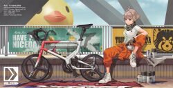 Rule 34 | 1girl, antenna hair, bicycle, bird, can, closed mouth, duck, emoji, english text, fingerless gloves, gloves, graffiti, grey eyes, grey gloves, highres, holding, holding can, jumpsuit, jumpsuit around waist, leg up, light brown hair, masin0201, newspaper, orange jumpsuit, original, shirt, shoes, short hair, sitting, sneakers, solo, spray can, spray paint, wet, wet clothes, white footwear, white shirt, wide shot