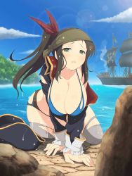 Rule 34 | artist request, bandana, bare hips, bikini, breasts, breasts out, embarrassed, hat, highres, jolly roger, long hair, murakumo (senran kagura), pirate, pirate costume, pirate hat, pirate ship, senran kagura, side ponytail, source request, swimsuit, thighhighs, wet, wet clothes