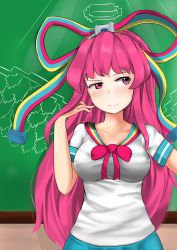 Rule 34 | 1girl, absurdres, angel, blouse, bow, braco, breasts, chalkboard, fake halo, fake wings, female focus, giffany, gravity falls, green background, hair bow, halo, highres, large breasts, long hair, matching hair/eyes, pink eyes, pink hair, ribbon, sata cable, school uniform, shirt, skirt, solo, taut clothes, taut shirt, very long hair, white shirt, wings