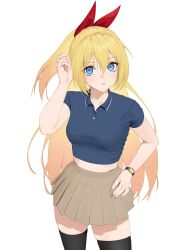 1girl arm_up black_thighhighs blonde_hair blue_eyes blue_shirt breasts brown_skirt carlo_montie collared_shirt commission cowboy_shot hair_between_eyes hair_ribbon hand_on_own_hip highres kirisaki_chitoge long_hair looking_at_viewer medium_breasts midriff nisekoi parted_lips pleated_skirt polo_shirt red_ribbon ribbon shirt short_sleeves simple_background skirt solo standing teeth thighhighs very_long_hair watch white_background wristwatch