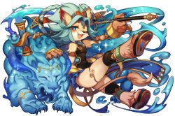 Rule 34 | 1girl, animal ears, armlet, blue eyes, blue hair, body fur, bright pupils, cat ears, cat tail, claws, fang, fullbokko heroes, furry, furry female, holding, holding weapon, kishibe, official art, one eye closed, open mouth, sandals, simple background, solo, sparkle, tail, thigh strap, weapon, white background, wrist cuffs