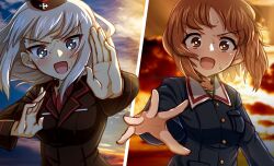 Rule 34 | :d, absurdres, arm at side, blue eyes, blue jacket, blue sky, blush, bob cut, breast pocket, breasts, bright pupils, brown eyes, cloud, cloudy sky, commentary, embarrassed, floating hair, fourth wall, garrison cap, girls und panzer, green shirt, hand up, hands up, hat, highres, itsumi erika, jacket, kokota, kuromorimine military uniform, long hair, loose hair strand, medium breasts, messy hair, military uniform, multiple views, nishizumi miho, ooarai military uniform, open mouth, orange sky, pocket, red shirt, shirt, short hair, sky, smile, sunset, sweat, uniform, v-shaped eyebrows, white hair, white pupils, wind