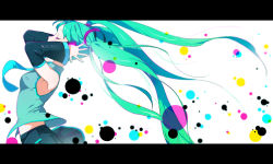 Rule 34 | 1girl, armpits, arms up, detached sleeves, doushimasho, closed eyes, green hair, hatsune miku, letterboxed, long hair, necktie, profile, solo, twintails, very long hair, vocaloid