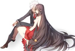 Rule 34 | 1boy, 1girl, amakusa shirou (fate), bad id, bad twitter id, black footwear, black hair, boots, brown footwear, dore (gilles dore), dress, fate/apocrypha, fate/grand order, fate (series), formal, gloves, high heels, long hair, long sleeves, parted bangs, pointy ears, red dress, red gloves, semiramis (fate), simple background, sitting, smile, suit, very long hair, white background, white hair, yellow eyes