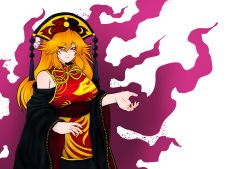 Rule 34 | 1girl, aura, black dress, blonde hair, breasts, chinese clothes, closed mouth, commentary request, cowboy shot, crescent, dress, hair between eyes, hat, highres, junko (touhou), large breasts, long hair, long sleeves, looking at viewer, miazuma sarin, neck ribbon, phoenix crown, red eyes, ribbon, sideboob, smile, solo, touhou, wide sleeves, yellow ribbon
