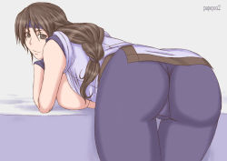 Rule 34 | 1girl, ass, bare shoulders, bent over, braid, breast press, breasts, breasts out, brown eyes, brown hair, fingerless gloves, from behind, gloves, headband, huge ass, large breasts, leaning, leaning forward, long hair, looking at viewer, pantylines, papepox2, ryuuko no ken, single braid, skin tight, smile, solo, spandex, the king of fighters, yuri sakazaki