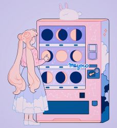 Rule 34 | 1girl, artist name, bishoujo senshi sailor moon, blue background, rabbit, cloud print, commentary, constellation, double bun, long hair, meyoco, moon, moon phases, print skirt, shoes, signature, simple background, skirt, solo, standing, tsukino usagi, twintails, vending machine, very long hair, white footwear