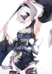 Rule 34 | 1girl, 2b (nier:automata), absurdres, armpits, bare shoulders, black blindfold, black hairband, black kimono, blindfold, commentary request, detached sleeves, fingernails, goddess of victory: nikke, hairband, highres, holding, holding sword, holding weapon, japanese clothes, katana, kimono, lips, mole, mole under mouth, nier:automata, nier (series), obi, official alternate costume, parted lips, risumi (taka-fallcherryblossom), sash, short hair, short kimono, simple background, solo, sword, thighhighs, weapon, white background, white hair