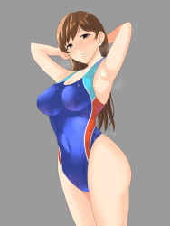 Rule 34 | 1girl, armpits, arms behind head, bad id, bad pixiv id, blue one-piece swimsuit, competition swimsuit, cowboy shot, grey background, highleg, highleg swimsuit, highres, idolmaster, idolmaster cinderella girls, looking at viewer, multicolored clothes, multicolored swimsuit, nitta minami, one-piece swimsuit, pachio, parted lips, simple background, solo, standing, swimsuit, wet, wet clothes, wet swimsuit