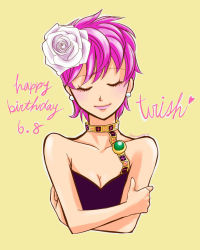 Rule 34 | 1girl, bare shoulders, breasts, character name, choker, cleavage, closed eyes, cropped torso, dated, earrings, flower, hair flower, hair ornament, happy birthday, jewelry, jojo no kimyou na bouken, lipstick, maka (decnove), makeup, outline, pearl earrings, pink hair, pink lips, short hair, simple background, small breasts, smile, solo, trish una, twitter username, upper body, vento aureo, yellow background