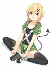 Rule 34 | 1girl, :d, akatsuki kirika, black camisole, black footwear, black thighhighs, blonde hair, blush, breasts, camisole, cleavage, collarbone, commentary request, demon tail, drawstring, full body, green eyes, green jacket, green shorts, hair between eyes, hair ornament, hajime kaname, highres, jacket, long hair, medium breasts, open clothes, open jacket, open mouth, puffy short sleeves, puffy sleeves, senki zesshou symphogear, shadow, shoe soles, shoes, short shorts, short sleeves, shorts, smile, solo, tail, tail raised, thighhighs, x hair ornament