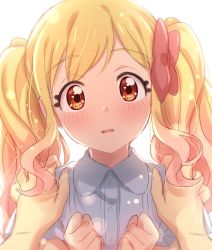 Rule 34 | 1girl, aikatsu!, aikatsu! (series), bad id, bad twitter id, blonde hair, blurry, blush, bokeh, bow, collared shirt, depth of field, gradient hair, grey shirt, hair bow, highres, looking at viewer, multicolored hair, nijino yume, parted lips, pink hair, pov, pov hands, red bow, red eyes, sekina, shirt, simple background, solo focus, twintails, upper body, white background, wing collar