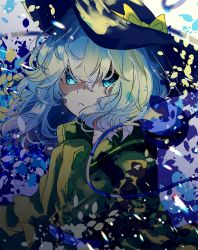 Rule 34 | 1girl, :&lt;, absurdres, arms at sides, bad id, bad twitter id, black hat, blouse, blue eyes, bow, buttons, closed mouth, diamond button, green hair, hair between eyes, hair over eyes, hat, hat bow, highres, komeiji koishi, long hair, long sleeves, looking at viewer, messy hair, petals, shirt, solo, third eye, toku kekakewanko, touhou, upper body, yellow bow, yellow shirt