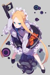 Rule 34 | 1girl, abigail williams (fate), abigail williams (festival outfit) (fate), alternate costume, alternate hairstyle, apron, blonde hair, blue eyes, blush, butterfly hair ornament, dress, echo (circa), fate/grand order, fate (series), hair ornament, holding, key, long hair, looking at viewer, maid, maid apron, maid headdress, official alternate costume, parted bangs, skirt, sleeves past wrists, stuffed animal, stuffed toy, teddy bear, tentacles, very long hair, white background