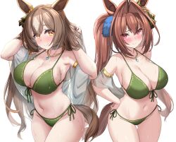 Rule 34 | 2girls, animal ears, armlet, bare shoulders, bead necklace, beads, bikini, blush, bow, breasts, brown hair, cleavage, collarbone, cowboy shot, daiwa scarlet (umamusume), detached sleeves, ear ornament, front-tie bikini top, front-tie top, gluteal fold, green bikini, green bow, groin, hair bow, hair intakes, halterneck, hands on own hips, hands up, highres, horse ears, horse girl, horse tail, jewelry, kibihimi, large breasts, long hair, looking at viewer, multiple girls, navel, necklace, red eyes, satono diamond (umamusume), side-tie bikini bottom, sketch, smile, squiggle, standing, stomach, swimsuit, tail, thighs, twintails, umamusume, very long hair, wet, white background, yellow eyes