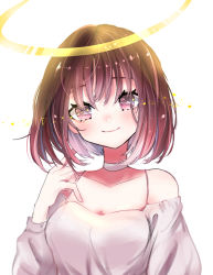 Rule 34 | 1girl, bad id, bad pixiv id, bare shoulders, blush, breasts, brown hair, chigiri kurenai, choker, collarbone, commentary request, dot nose, grey hair, halo, highres, long sleeves, looking at viewer, medium breasts, multicolored hair, original, pink eyes, short hair, simple background, smile, solo, upper body, white background, white choker