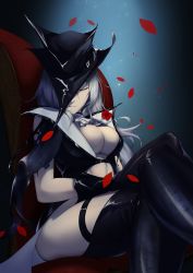 Rule 34 | 1girl, absurdres, arknights, ascot, black footwear, black gloves, black hat, blue background, boots, breasts, chair, cleavage, closed eyes, closed mouth, feet out of frame, gladiia (arknights), gloves, gradient background, grey hair, hat, highres, large breasts, long hair, petals, revealing clothes, sitting, sleeping, sleeping upright, solo, thigh boots, thighs, very long hair, white ascot, yiyanbanshengchou