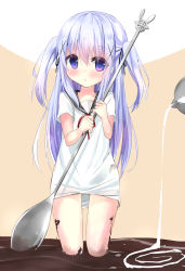 Rule 34 | 1girl, :o, black ribbon, blue hair, blush, chocolate, commentary request, dress, gluteal fold, gochuumon wa usagi desu ka?, hair ornament, hair ribbon, highres, holding, holding spoon, jug (bottle), kafuu chino, kouda suzu, long hair, looking at viewer, milk, open mouth, oversized object, purple eyes, ribbon, sailor collar, sailor dress, short dress, short sleeves, solo, spoon, standing, two-tone background, two side up, wading, x hair ornament