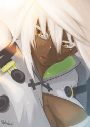 Rule 34 | 1girl, absurdres, akahuzi, bad id, bad pixiv id, breasts, cleavage, dark skin, dark-skinned female, guilty gear, guilty gear xrd, highres, large breasts, long hair, looking away, parted lips, ramlethal valentine, solo, upper body, white hair, yellow eyes