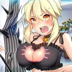 Rule 34 | 1girl, alcoholrang, artoria pendragon (fate), artoria pendragon (lancer) (fate), artoria pendragon (lancer alter) (fate), bare shoulders, bell, black bra, blonde hair, blush, bra, breasts, cat lingerie, cleavage, cleavage cutout, clothing cutout, dakimakura (object), fate/grand order, fate (series), holding, holding weapon, jingle bell, lance, large breasts, looking at viewer, meme attire, open mouth, pillow, polearm, saber (fate), saber alter, sidelocks, solo, sweatdrop, teeth, underwear, weapon, yellow eyes
