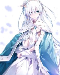 Rule 34 | 1girl, anastasia (fate), blue cloak, blue eyes, blush, brown hairband, cloak, closed mouth, commentary request, dress, fate/grand order, fate (series), hair ornament, hair over one eye, hairband, hand up, head tilt, leaf hair ornament, long hair, looking at viewer, royal robe, silver hair, solo, tsuezu, very long hair, white background, white dress