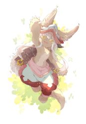 Rule 34 | 1other, :3, androgynous, animal ears, arm up, brown fur, ears through headwear, full body, furry, helmet, highres, horns, leaf, leaf background, looking at viewer, made in abyss, multicolored pants, nanachi (made in abyss), open mouth, other focus, ouo 1123, pants, puffy pants, short hair with long locks, simple background, solo, tail, topless, whiskers, white background, white hair, yellow eyes