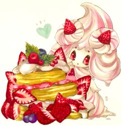 Rule 34 | alcremie, alcremie (strawberry sweet), alcremie (vanilla cream), blueberry, cherry, cream, creatures (company), dessert, food, food focus, fruit, game freak, gen 8 pokemon, hand to own mouth, hand up, heart, highres, leaf, marker (medium), mint, mofuo, nintendo, notice lines, open mouth, oversized food, oversized object, pancake, pokemon, pokemon (creature), red eyes, simple background, solo, standing, strawberry, traditional media, white background