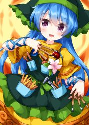 Rule 34 | 1girl, apron, arm ribbon, between fingers, blue hair, blue ribbon, cowboy shot, dress, flower, green apron, green headwear, hair between eyes, haniyasushin keiki, head scarf, highres, holding, jewelry, leaf, long hair, looking to the side, magatama, magatama necklace, necklace, open mouth, orange background, pink flower, pocket, purple eyes, ribbon, ruu (tksymkw), short sleeves, single strap, smile, solo, standing, touhou, two-tone background, wood carving tool, yellow background, yellow dress