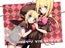 Rule 34 | 2girls, :d, bell, blonde hair, blue eyes, bow, hat, heart, long hair, looking at viewer, multiple girls, open mouth, original, ribbon, rugo, smile, valentine