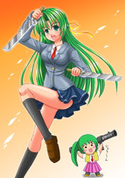 Rule 34 | &gt;:d, 00s, 2girls, :d, blazer, blue skirt, buttons, cannon, dagger, dual wielding, female focus, gradient background, green eyes, green hair, half updo, higurashi no naku koro ni, holding, holding weapon, jacket, kneehighs, knife, loafers, long hair, long sleeves, looking at viewer, multiple girls, necktie, open mouth, orange background, red necktie, shirt, shoes, siblings, simple background, sisters, skirt, smile, socks, sonozaki mion, sonozaki shion, thighs, twins, utsubo kazura, v-shaped eyebrows, weapon, white shirt