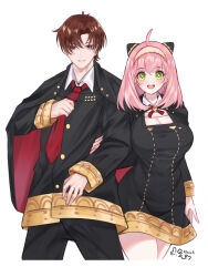 Rule 34 | 1boy, 1girl, aged up, anya (spy x family), black cape, black hair, breasts, brown hair, cape, commentary, damian desmond, earrings, eden academy school uniform, green eyes, hairpods, highres, jewelry, large breasts, long hair, long sleeves, necktie, open mouth, pink hair, red necktie, ribura (limezstariouz), school uniform, short hair, smile, spy x family
