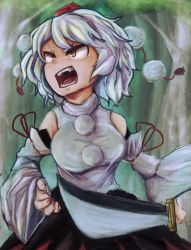 Rule 34 | animal ears, bad id, bad pixiv id, bare shoulders, d:, d:&lt;, detached sleeves, fangs, inubashiri momiji, open mouth, paguningen, pom pom (clothes), red eyes, short hair, solo, sword, tail, touhou, v-shaped eyebrows, weapon, white hair, wolf tail