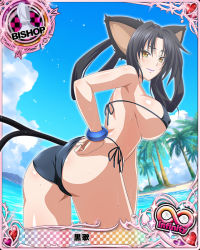 Rule 34 | 10s, 1girl, animal ears, ass, bikini, bishop (chess), black hair, bracelet, breasts, card (medium), cat ears, cat tail, character name, chess piece, covered erect nipples, hair rings, hairband, high school dxd, high school dxd infinity, jewelry, kuroka (high school dxd), large breasts, lipstick, long hair, makeup, multiple tails, official art, purple lips, sideboob, slit pupils, smile, solo, swimsuit, tail, trading card, yellow eyes