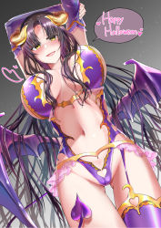 Rule 34 | 1girl, arms up, black hair, blush, breasts, center opening, cosplay, demon girl, demon horns, demon tail, demon wings, detached sleeves, facial mark, fate/extra, fate/extra ccc, fate/grand order, fate (series), forehead mark, happy halloween, highres, horns, irisviel von einzbern, irisviel von einzbern (cosplay), irisviel von einzbern (halloween princess), large breasts, leotard, long hair, looking at viewer, navel, open mouth, parted bangs, purple leotard, purple thighhighs, revealing clothes, sessyoin kiara, single thighhigh, smile, solo, speech bubble, tail, thighhighs, thighs, very long hair, wavy hair, wings, yellow eyes, yumeneko nyaa