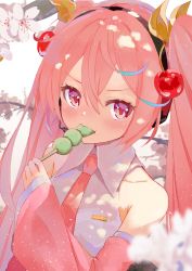 Rule 34 | 1girl, bare shoulders, blush, branch, cherry, cherry blossoms, cherry hair ornament, collarbone, collared shirt, dango, detached sleeves, eating, food, food-themed hair ornament, fruit, hair ornament, hatsune miku, headphones, highres, holding, holding food, long hair, long sleeves, looking at viewer, multicolored hair, necktie, pink eyes, pink hair, sakura miku, shirt, sleeves past wrists, solo, streaked hair, takepon1123, twintails, very long hair, vocaloid, wagashi