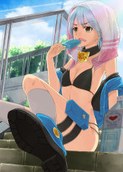 Rule 34 | 1girl, arm support, bad id, bad pixiv id, bell, bikini, black bikini, blue hair, bottle, breasts, brown eyes, clothes down, collar, cosplay, drooling, eyebrows, food, from below, holding, holding food, kneehighs, looking away, neck bell, open clothes, open mouth, open shirt, original, popsicle, pouch, railing, shio kouji (shiokojii), shirt, shirt down, shoe soles, short hair, sitting, sitting on stairs, small breasts, socks, solo, stairs, string bikini, sunlight, swimsuit, thigh strap, towel, towel on head, water bottle, wet, white socks, yellow eyes