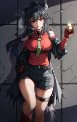 Rule 34 | 1girl, against wall, animal ears, arknights, black hair, black jacket, black shorts, breasts, bright pupils, gloves, green necktie, highres, holding, holding lighter, holiday (pangjelly), jacket, large breasts, leg up, lighter, long hair, long sleeves, looking at viewer, necktie, open clothes, open jacket, ponytail, red eyes, red gloves, red shirt, shirt, shorts, sidelocks, smoke, smoking, solo, standing, standing on one leg, striped necktie, tail, texas (arknights), texas (willpower) (arknights), thigh strap, torn clothes, torn shirt, underbust, v-shaped eyebrows, wolf ears, wolf girl, wolf tail