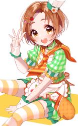 Rule 34 | 1girl, apron, bad id, bad pixiv id, brown eyes, brown hair, chef hat, diagonal stripes, dress, fingernails, food-themed hair ornament, forehead, frilled apron, frills, green dress, hair ornament, hairclip, hand up, hat, highres, idolmaster, idolmaster cinderella girls, mini hat, misumi (macaroni), oven mitts, parted bangs, puffy short sleeves, puffy sleeves, ryuzaki kaoru, short hair, short sleeves, sitting, solo, spork, striped clothes, striped thighhighs, thighhighs, tilted headwear, tomato hair ornament, toque blanche, two-tone background, white apron, white background, white hat, wrist cuffs, yellow background