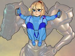 Rule 34 | 1girl, armor, blonde hair, blue bodysuit, blue eyes, bodysuit, breast press, breasts, female focus, hair between eyes, highres, huge breasts, metroid, mole, mole under mouth, navel, nintendo, plump, ponytail, samus aran, see-through, see-through armor, shortstack, skin tight, solo, strongmoist, thick thighs, thighs, wide hips, zero suit