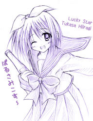Rule 34 | 00s, 1girl, akizuki akina, hiiragi tsukasa, lucky star, monochrome, purple theme, school uniform, serafuku, sketch, solo