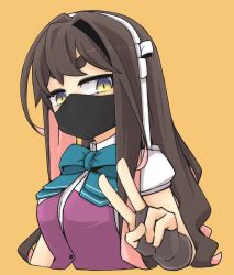 Rule 34 | 1girl, aqua bow, aqua bowtie, black hair, bow, bowtie, brown gloves, collared shirt, colored inner hair, commentary request, dress shirt, fingerless gloves, gloves, gradient eyes, highres, kantai collection, long hair, looking at viewer, macbail, mask, mouth mask, multicolored eyes, multicolored hair, naganami (kancolle), naganami kai ni (kancolle), orange background, pink hair, purple vest, shirt, solo, thick eyebrows, two-tone hair, upper body, v, vest, wavy hair, white shirt, yellow eyes