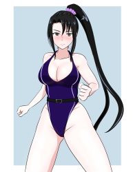 Rule 34 | black hair, blue background, blush, border, breasts, brown eyes, cleavage, groin, hair between eyes, highres, kantai collection, large breasts, long hair, nachi (kancolle), osage gankyou, outside border, ponytail, swimsuit, thighs, white border