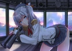 Rule 34 | 1girl, akasaai, bent over, beret, binoculars, black hat, black skirt, blue eyes, blush, breasts, buttons, epaulettes, gloves, hat, highres, holding, holding binoculars, interior, jacket, kantai collection, kashima (kancolle), large breasts, long hair, long sleeves, looking at viewer, military, military jacket, military uniform, miniskirt, parted lips, pleated skirt, sidelocks, silver hair, skirt, solo, sunrise, thighs, tsurime, twintails, uniform, wavy hair, white gloves, white jacket